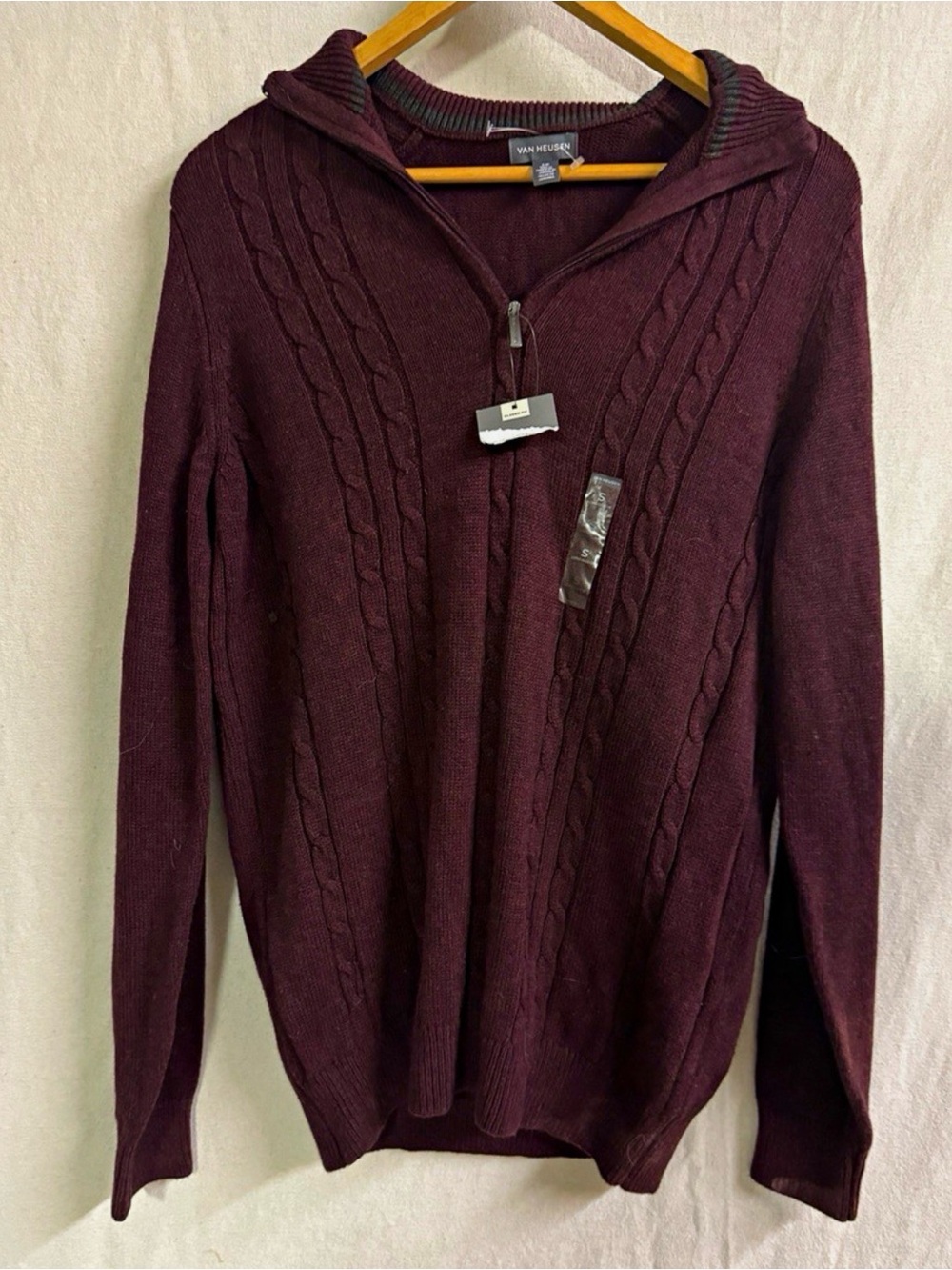 Van Heusen Men’s S Cable-Knit 1/4 Zip Mock Neck Sweater Burgundy Pullover